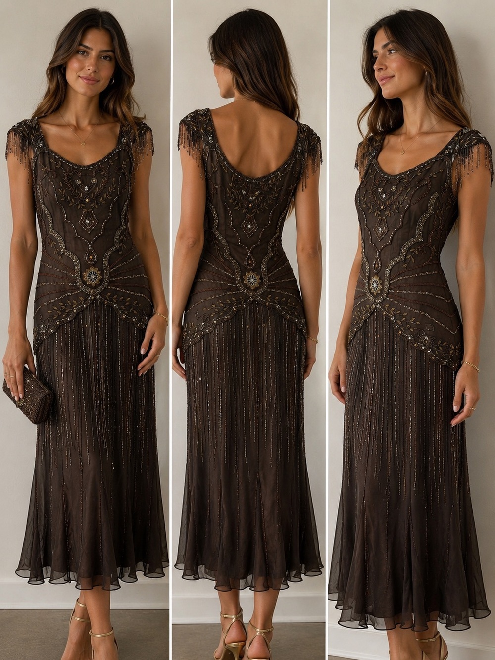 Vintage Scala Beaded Embroidered Cap Sleeve Brown 100% Silk Event Dress